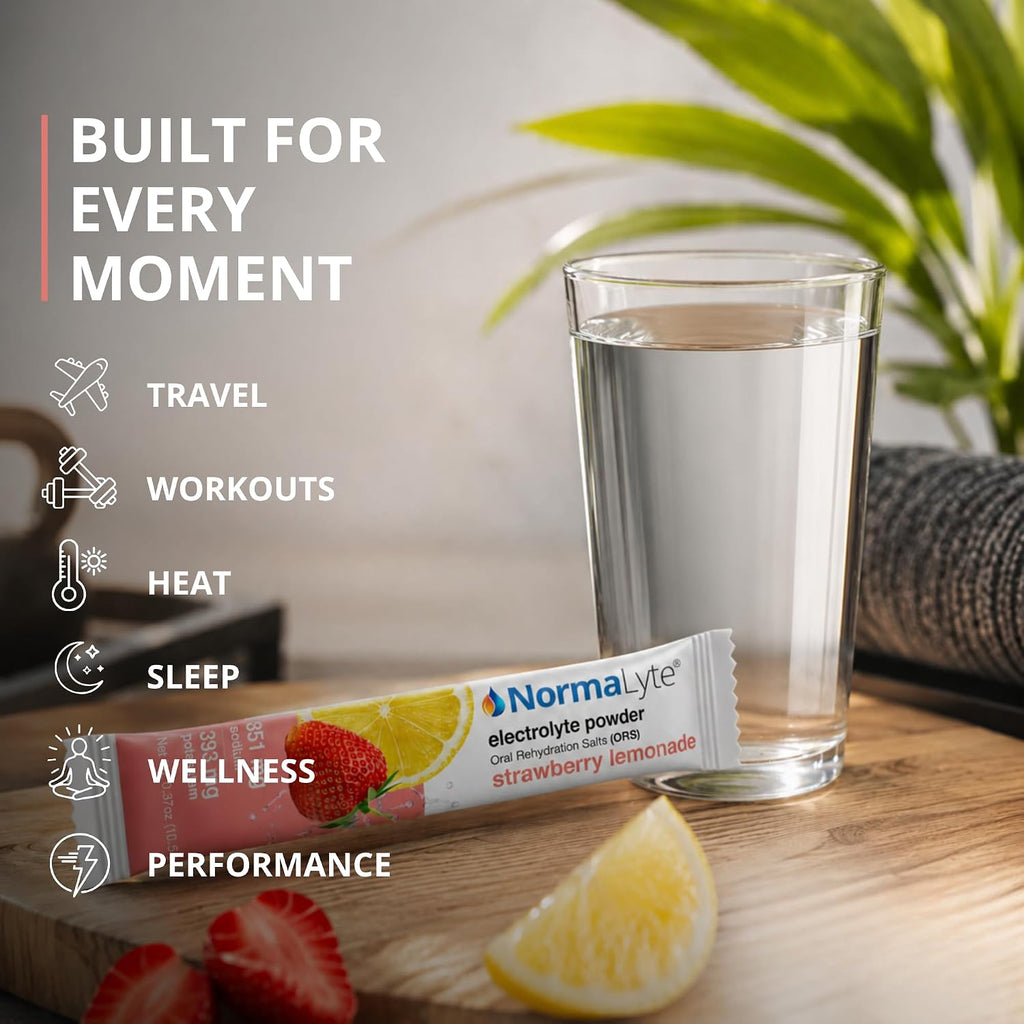 A NormaLyte electrolyte powder stick in strawberry lemonade flavor lies on a wooden table next to a glass of water, with sliced strawberries and lemon, and a blurred plant in the background. Text on the left lists activities like travel, workouts, heat, sleep, wellness, and performance.