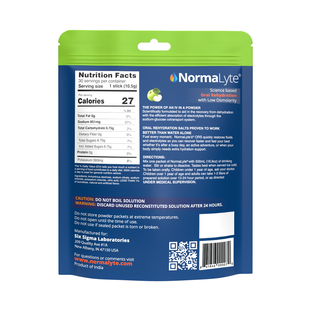 Back label of NormaLyte green apple pouch showing full nutrition facts, directions for use, and manufacturing details.