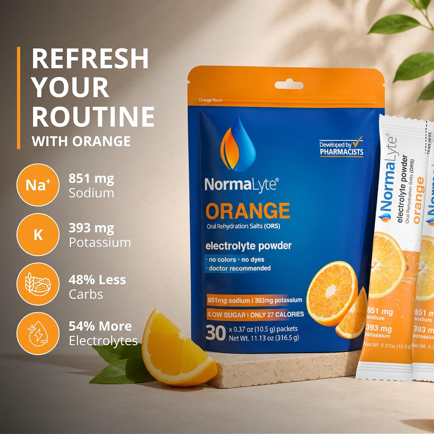 NormaLyte Orange electrolyte powder in a blue and orange pouch, shown with a single white and orange sachet, orange slices, and green leaves on a warm beige background. Text on the left highlights sodium, potassium, carb reduction, and electrolyte benefits.
