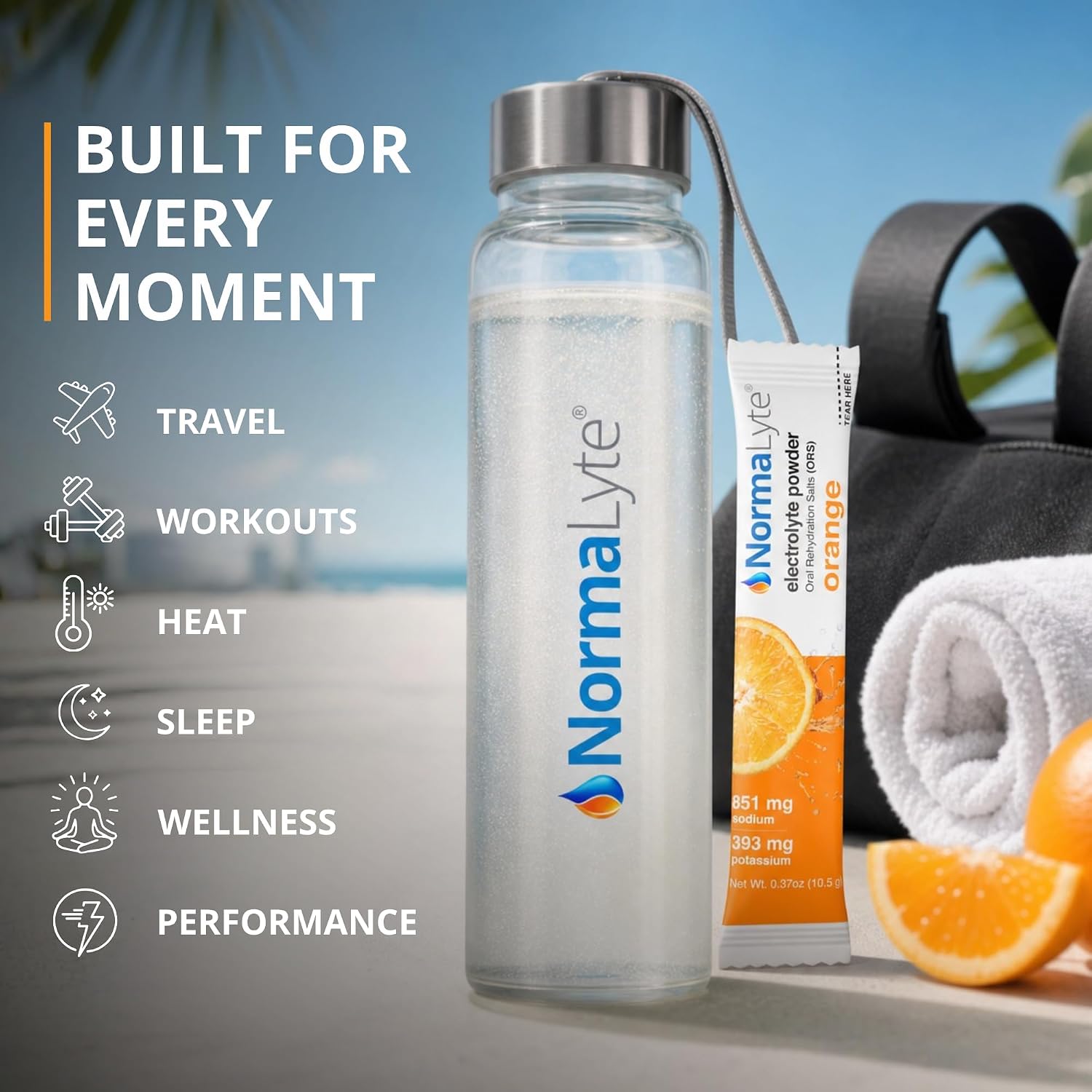 A clear glass water bottle with a silver cap stands on a beach-style surface, next to an orange Normalyte electrolyte packet and an orange slice. White text on the left reads 'BUILT FOR EVERY MOMENT' with icons for travel, workouts, heat, sleep, wellness, and performance.