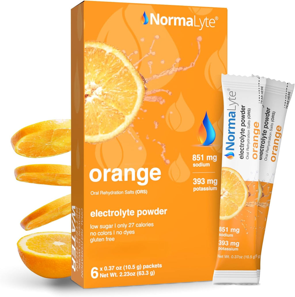 A box of NormaLyte orange electrolyte powder alongside two single-serve packets, with sliced orange graphics on a white background.