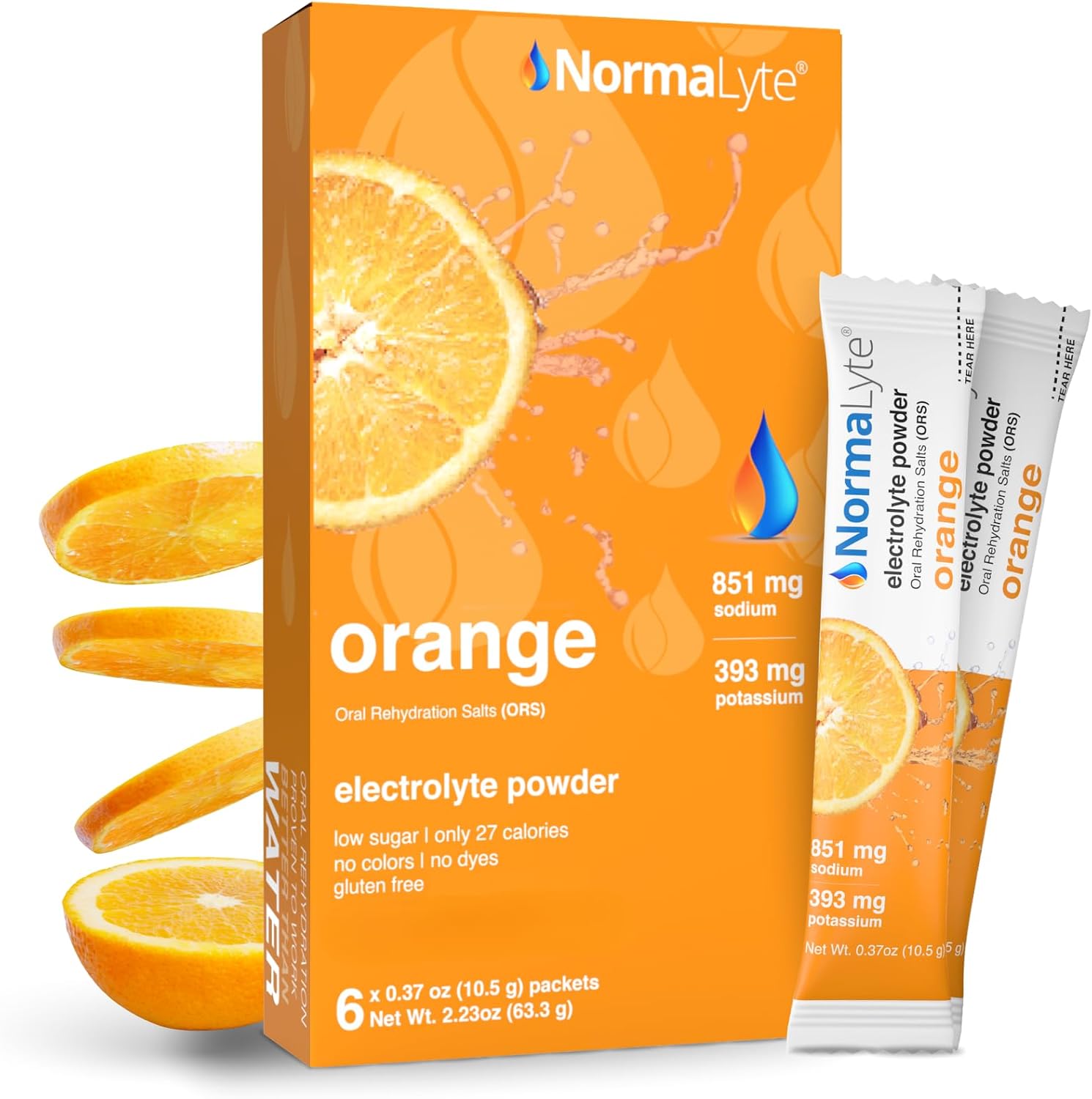 A box of NormaLyte orange electrolyte powder alongside two single-serve packets, with sliced orange graphics on a white background.