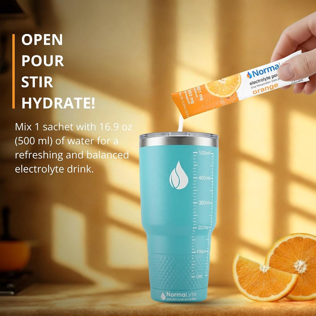 A turquoise insulated tumbler with measurement markings and a water droplet logo sits on a table while a hand pours an orange electrolyte sachet into it. Text on the left reads 'OPEN POUR STIR HYDRATE!' and shows mixing instructions.