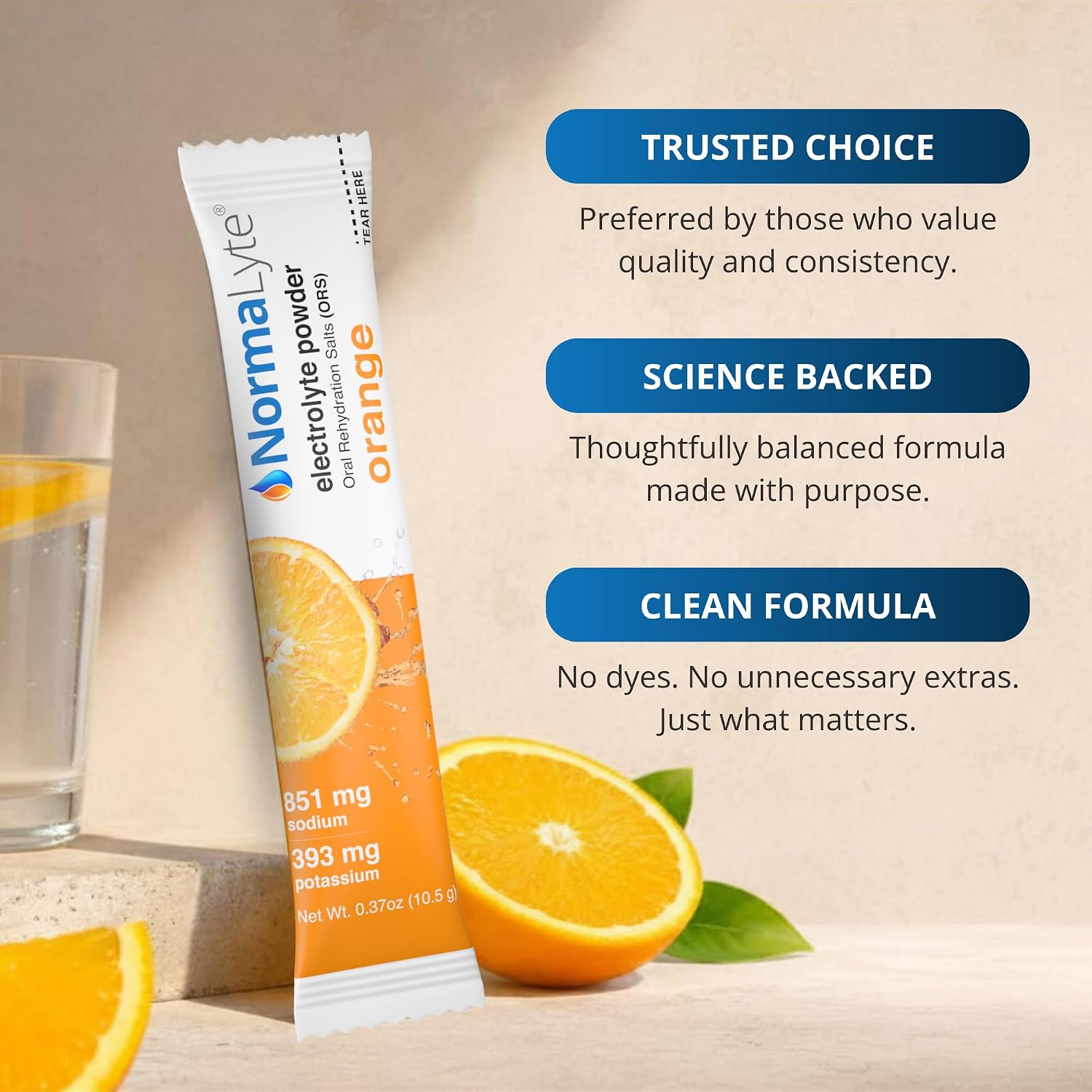 A single NormalLyte orange electrolyte powder stick pack stands on a beige surface beside a glass of water, sliced oranges, and green leaves, with three blue text callouts reading Trusted Choice, Science Backed, and Clean Formula.