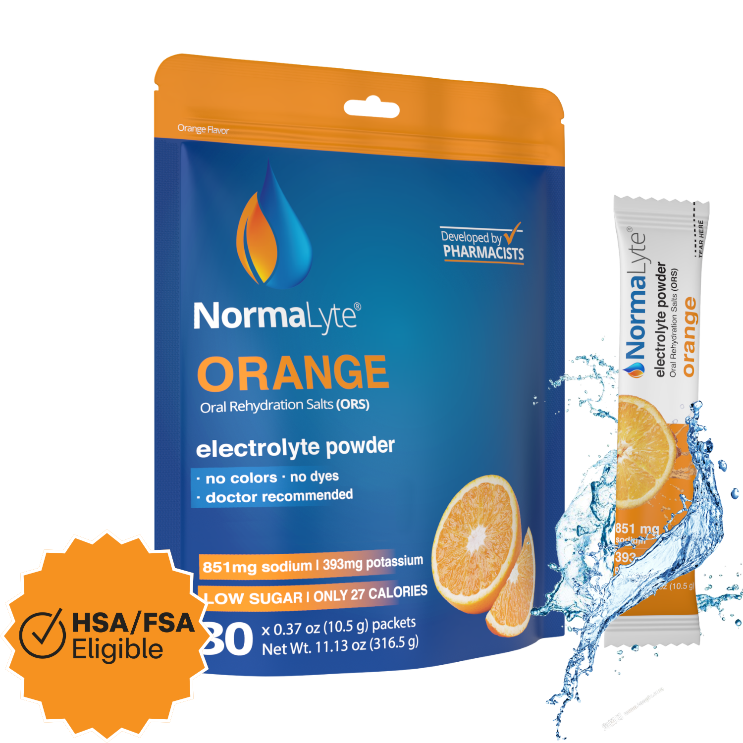 NormaLyte Orange Hydration Bag - 30 Sticks - FSA/HSA Eligible Item