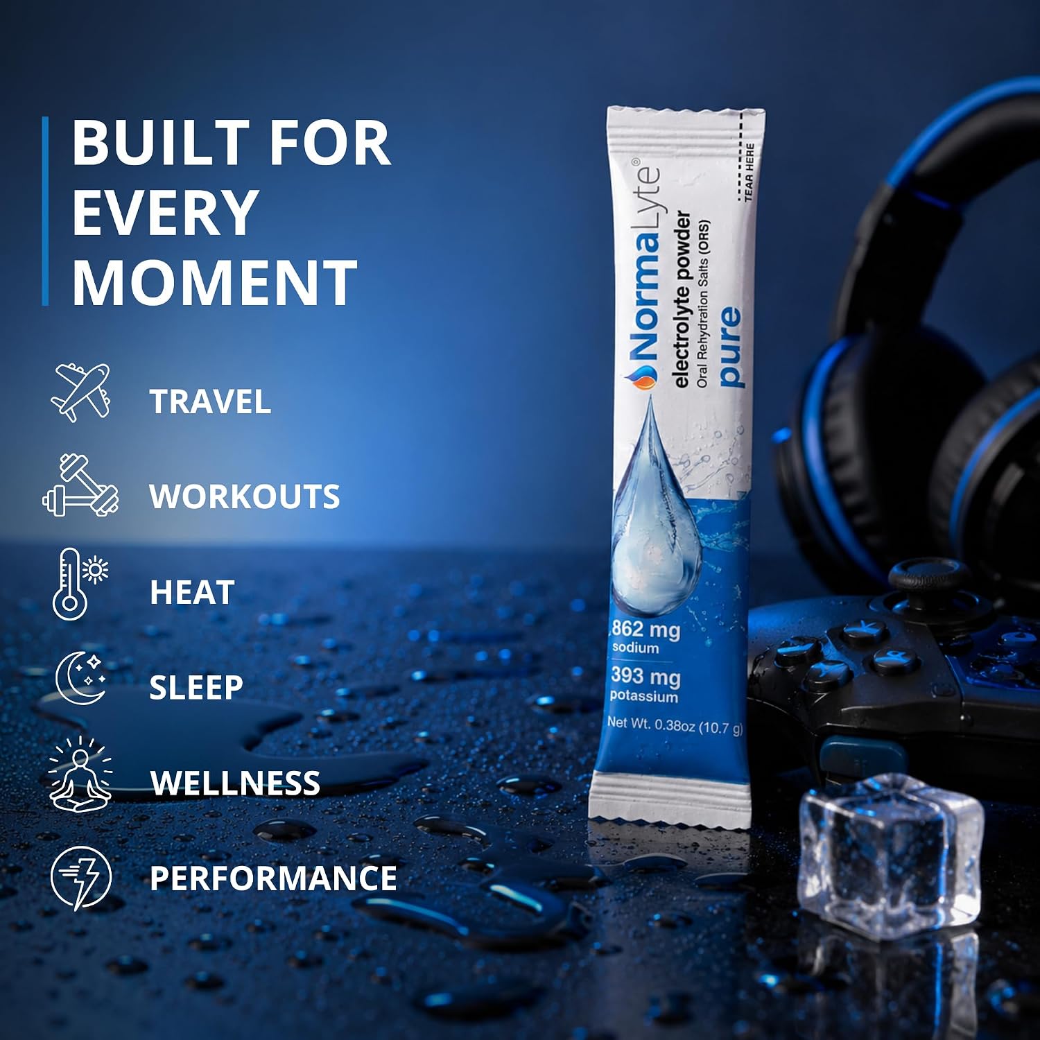 NormaLyte electrolyte powder pack with headphones and ice cubes on a blue background