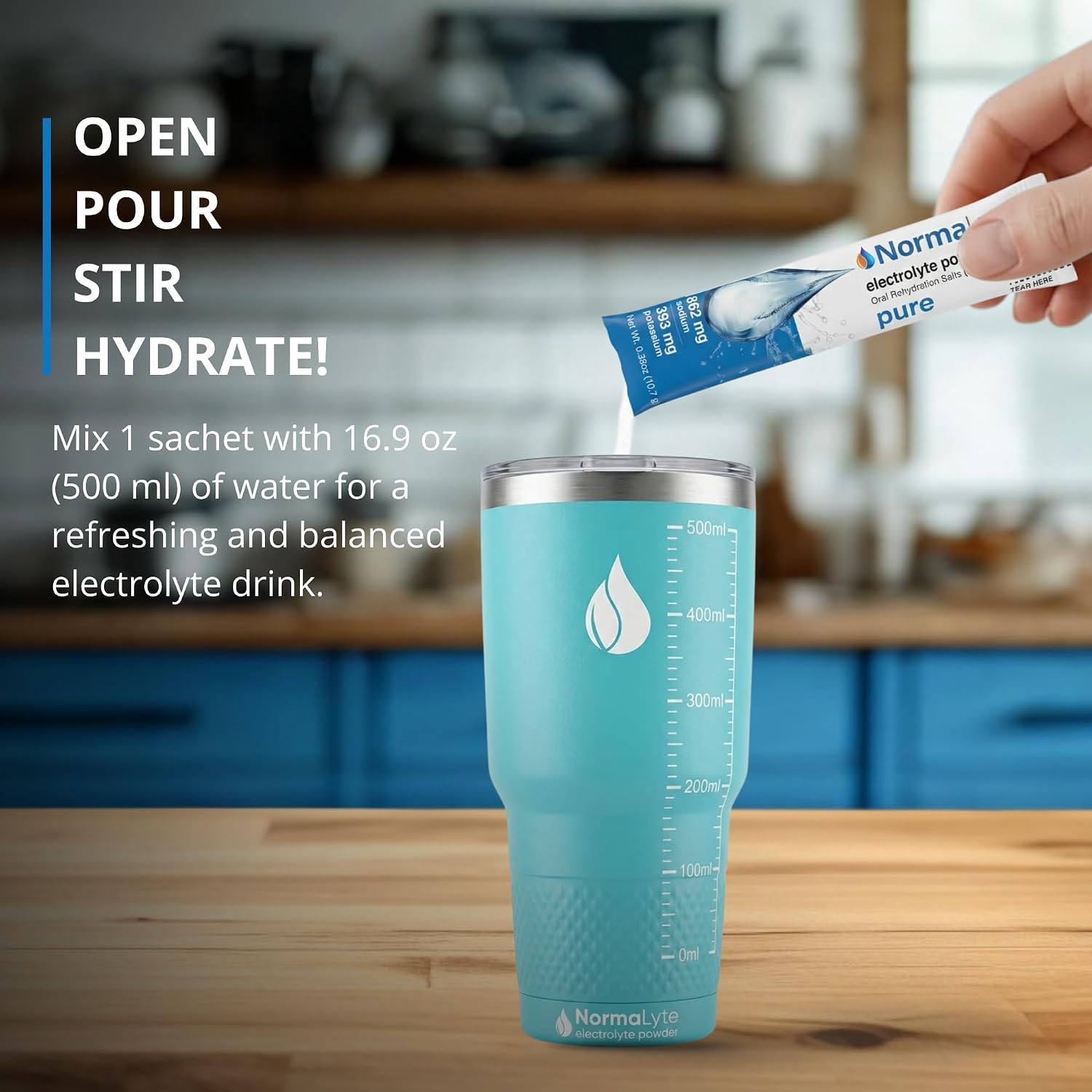 Person pouring a Normalyte electrolyte powder packet into a blue tumbler with kitchen background.