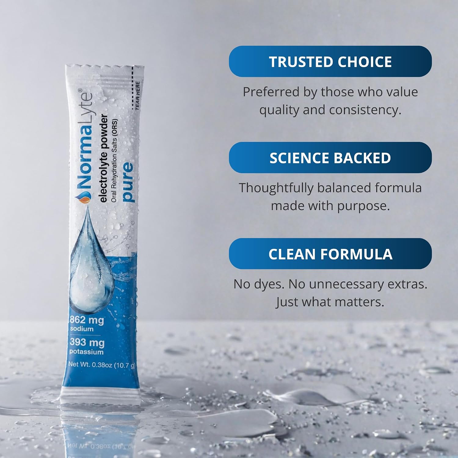 A single NormaLyte electrolyte powder sachet stands on a glossy wet surface against a light gray background, with three blue text callouts reading Trusted Choice, Science Backed, and Clean Formula.