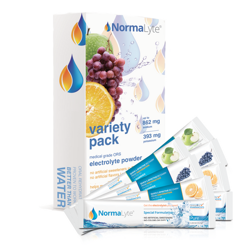 NormaLyte electrolyte powder variety pack on a white background