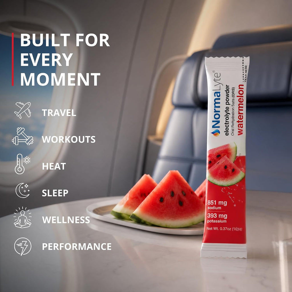A NormaLyte electrolyte powder stick in watermelon flavor stands on a marble surface next to watermelon slices, with an airplane seat and window blurred in the background. Text on the left lists use cases: travel, workouts, heat, sleep, wellness, and performance.