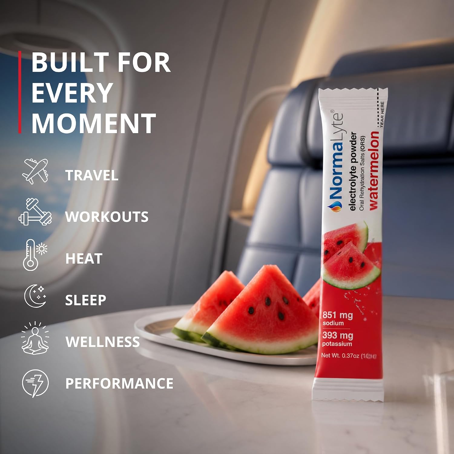 A NormaLyte electrolyte powder stick in watermelon flavor stands on a marble surface next to watermelon slices, with an airplane seat and window blurred in the background. Text on the left lists use cases: travel, workouts, heat, sleep, wellness, and performance.