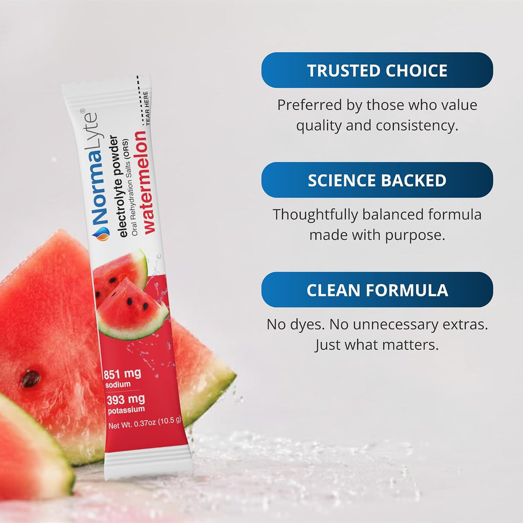 A Normalyte Electrolyte powder stick in watermelon flavor shown upright beside sliced watermelon wedges on a light gray background, with three blue text callouts reading Trusted Choice, Science Backed, and Clean Formula.