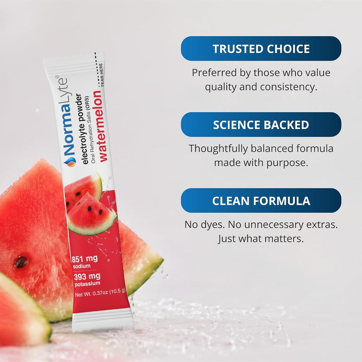 A Normalyte Electrolyte powder stick in watermelon flavor shown upright beside sliced watermelon wedges on a light gray background, with three blue text callouts reading Trusted Choice, Science Backed, and Clean Formula.
