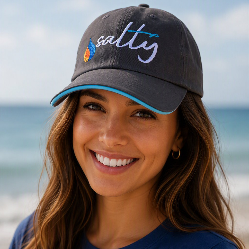 A smiling woman on a beach wearing a dark gray baseball cap with 'salty' embroidered in white script and a small orange and blue wave graphic, paired with a navy blue t-shirt.