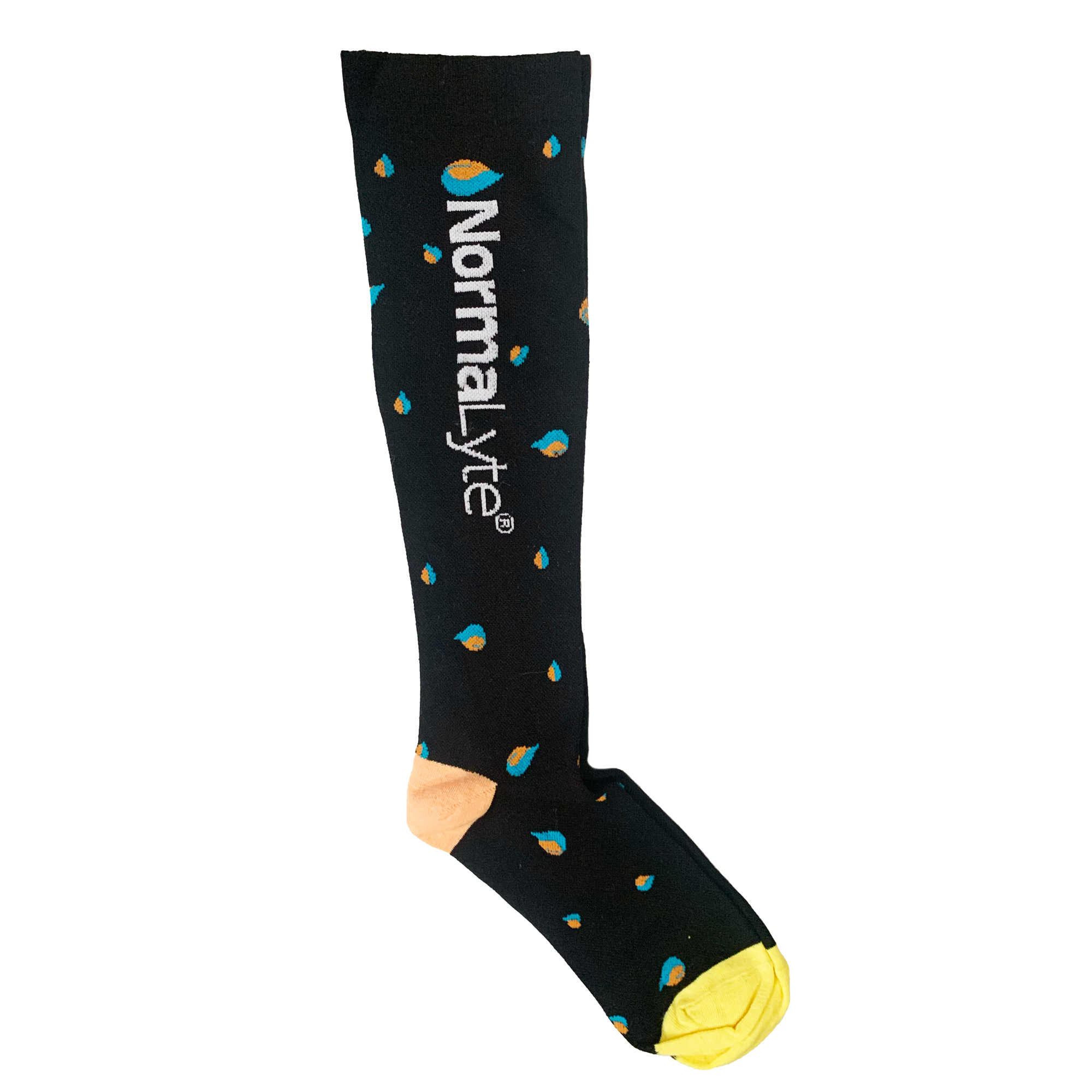 A single black NormaLyte graduated compression sock featuring a pattern of orange and teal droplets, finished with a peach heel and a bright yellow toe