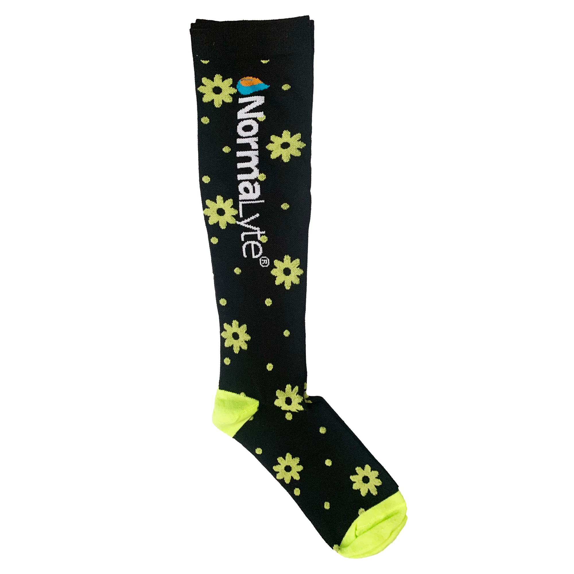 A single black NormaLyte graduated compression sock featuring a neon yellow daisy and dot pattern with a matching bright yellow heel and toe
