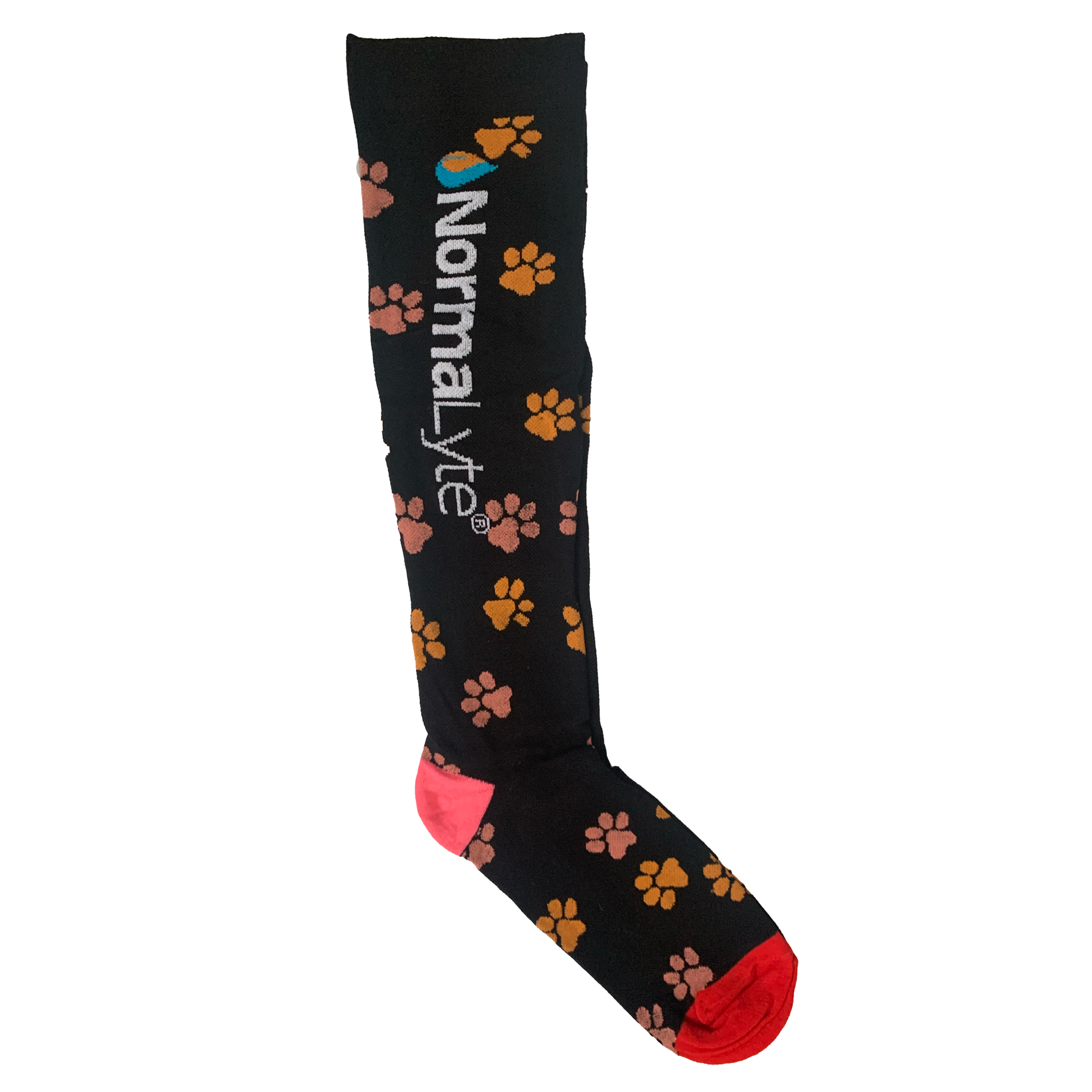 A single black NormaLyte graduated compression sock featuring a pattern of orange and pink paw prints with a pink heel and bright red toe
