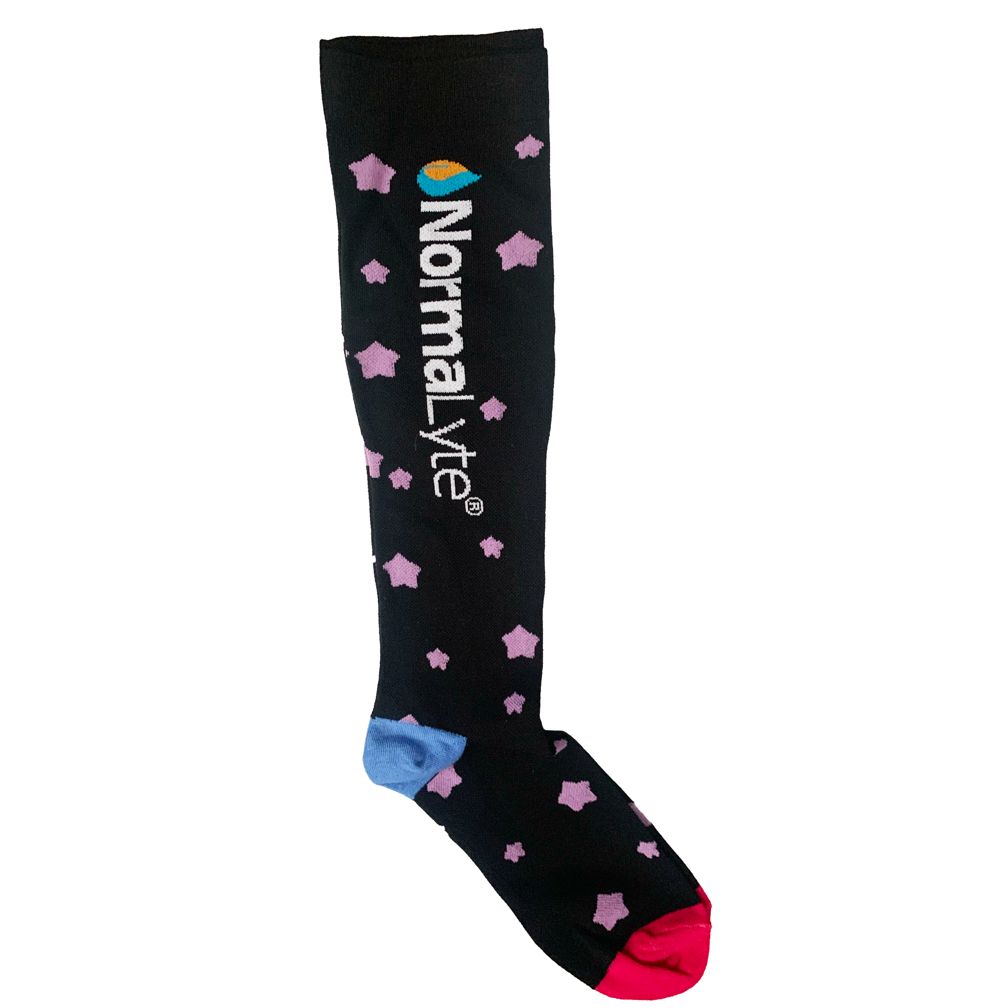 A single black NormaLyte graduated compression sock featuring an all-over pink star pattern, a light blue heel, and a bright pink toe
