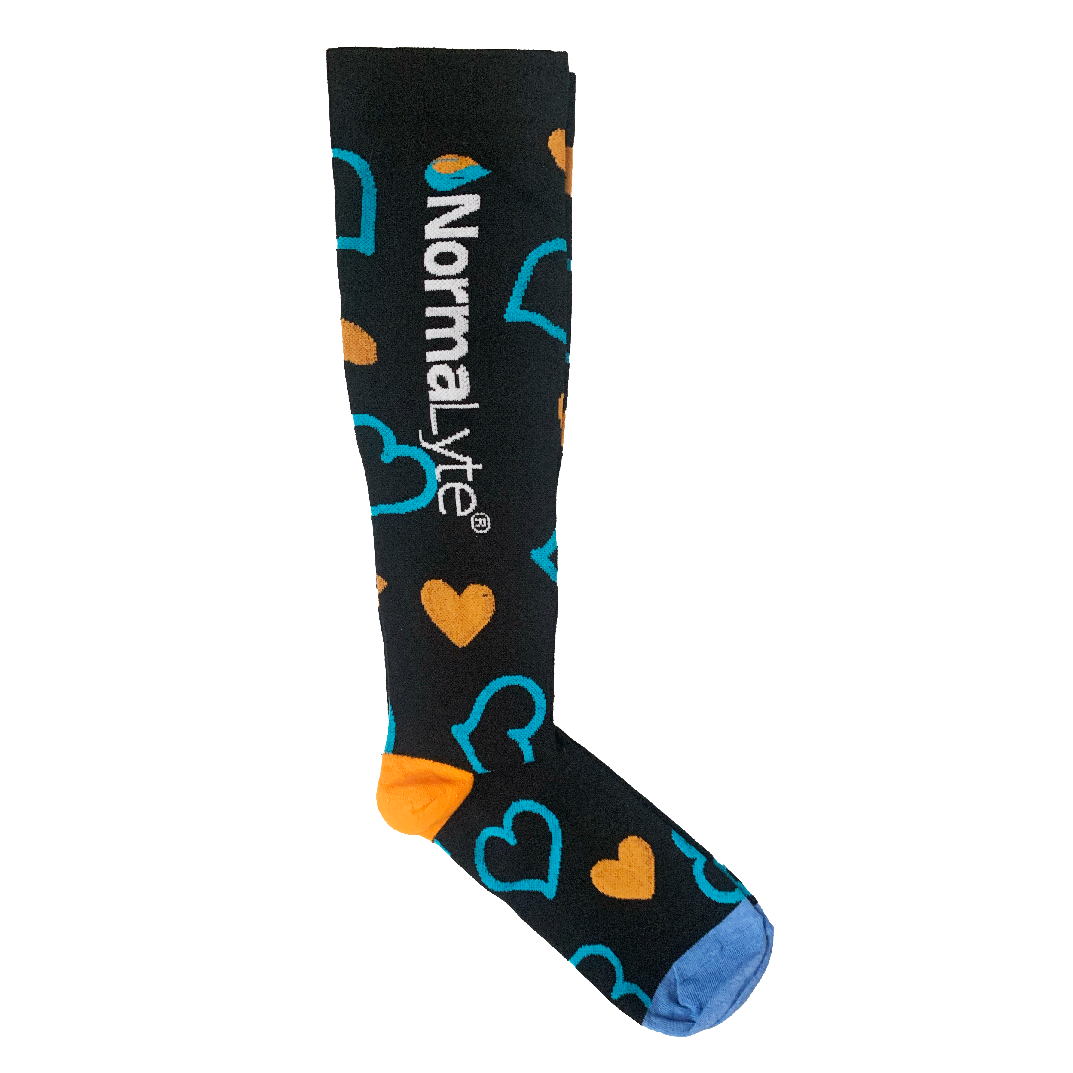 A single black NormaLyte graduated compression sock featuring a pattern of solid orange hearts and teal outline hearts, finished with an orange heel and light blue toe