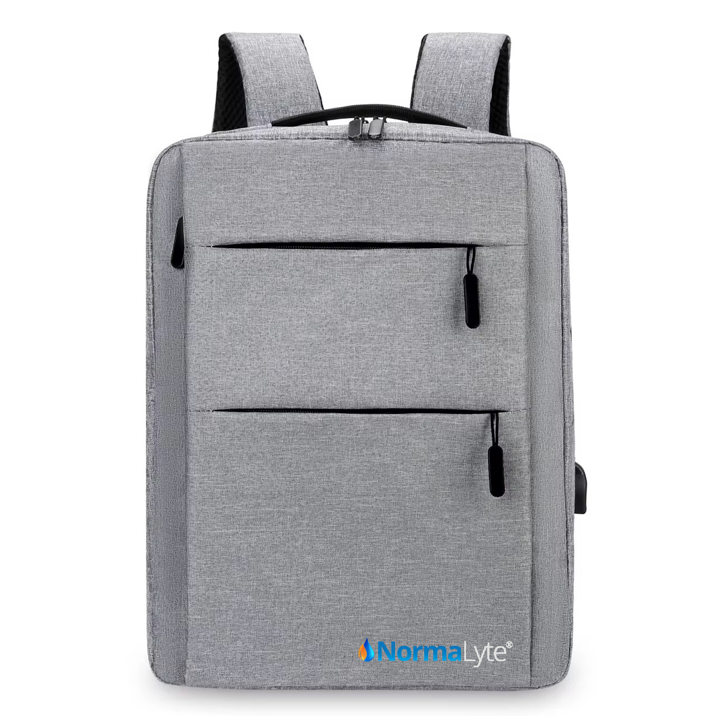 Gray NormaLyte durable everyday backpack for work and travel featuring front zipper pockets and the brand logo