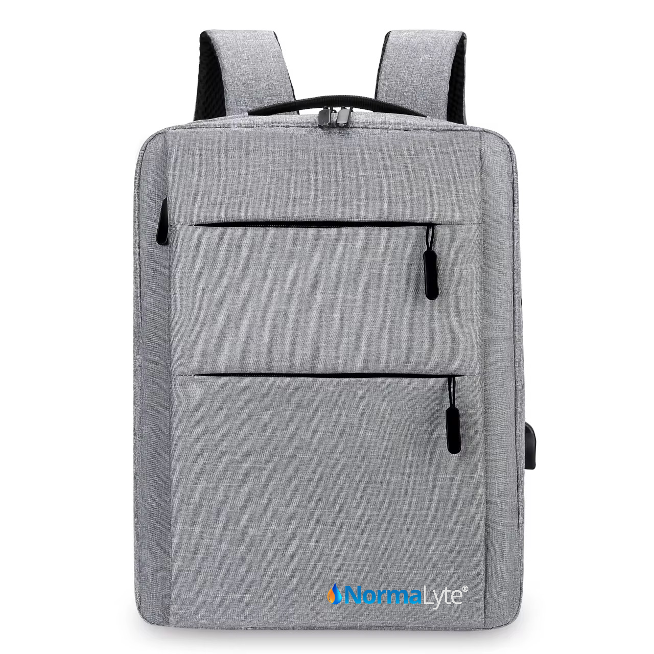 Gray NormaLyte durable everyday backpack for work and travel featuring front zipper pockets and the brand logo