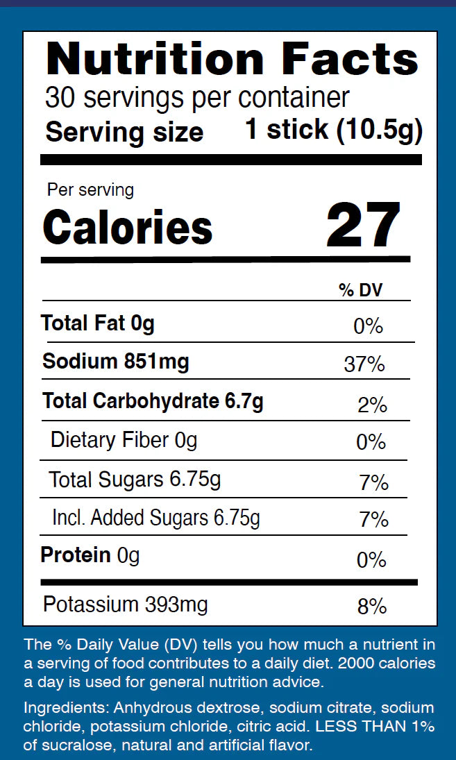 NormaLyte electrolyte powder Nutrition Facts: 27 calories, 851 mg sodium and 393 mg potassium per 10.5 g stick. 