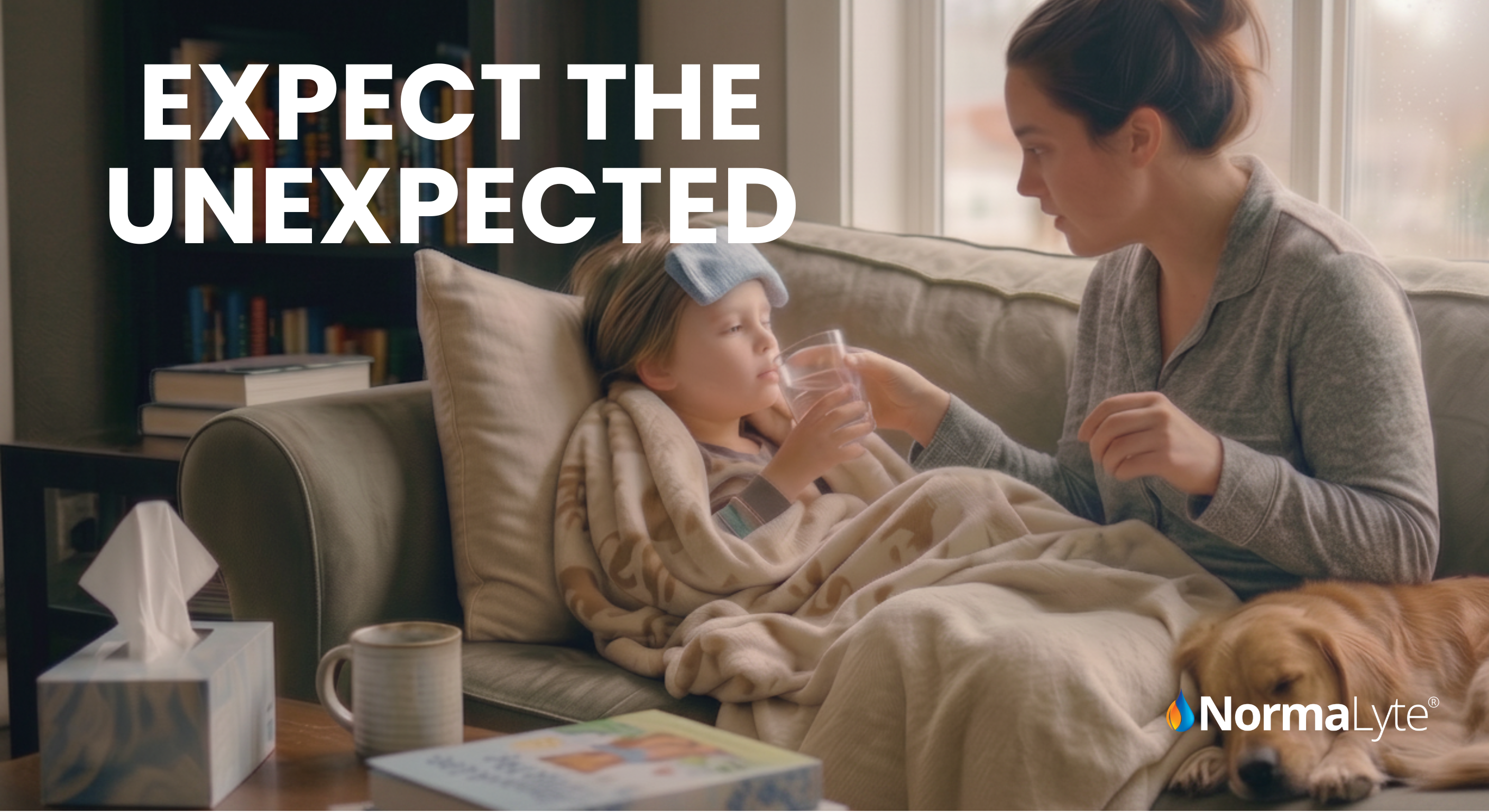 NormaLyte lifestyle banner—caregiver on couch helping sick child with water; text “Expect the Unexpected”; electrolyte hydration support