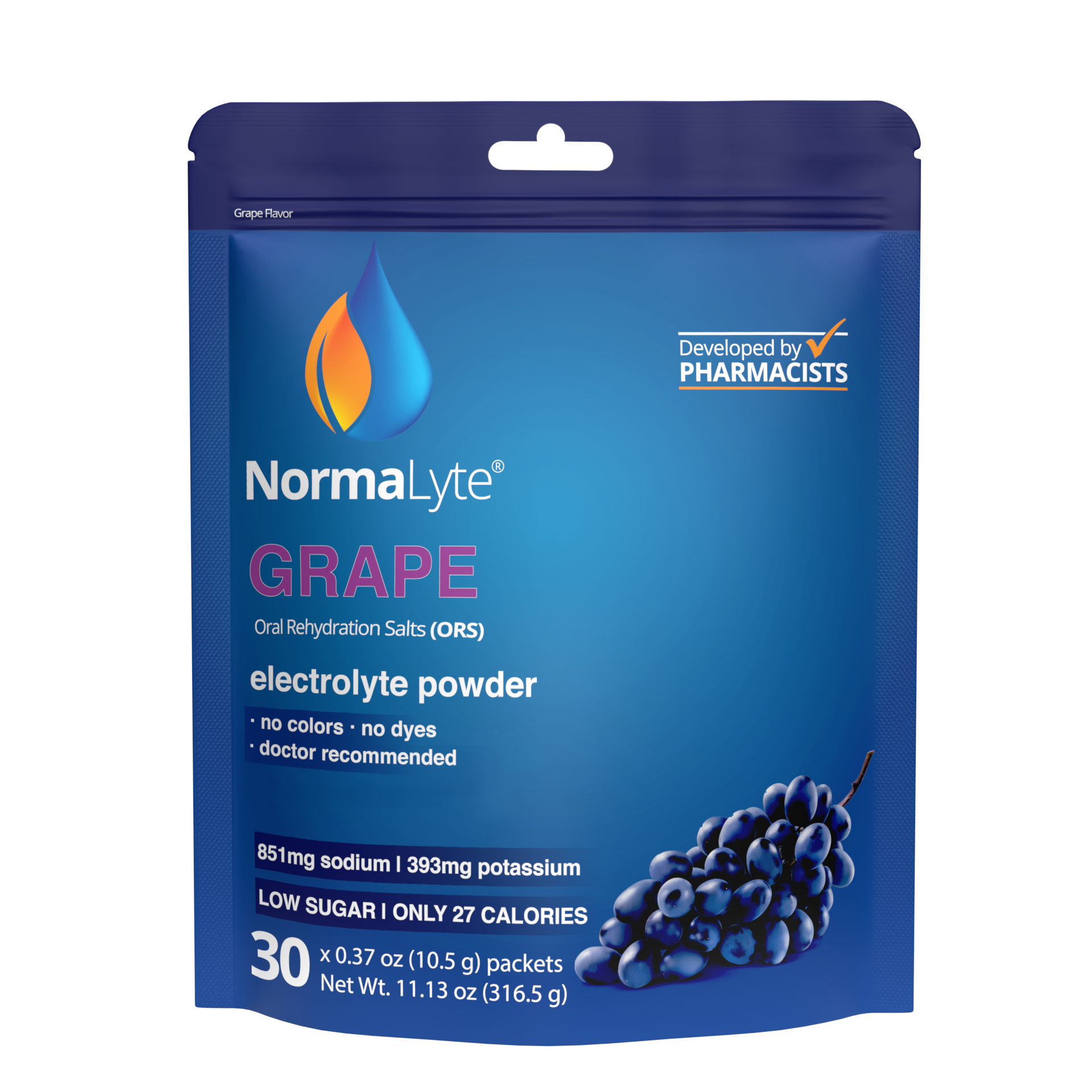 NormaLyte grape oral rehydration salts electrolyte powder 30-packet bag on a clean white background.