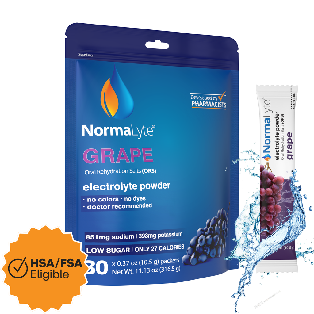 NormaLyte grape oral rehydration salts electrolyte powder 30-pack pouch and stick with HSA FSA eligible badge.
