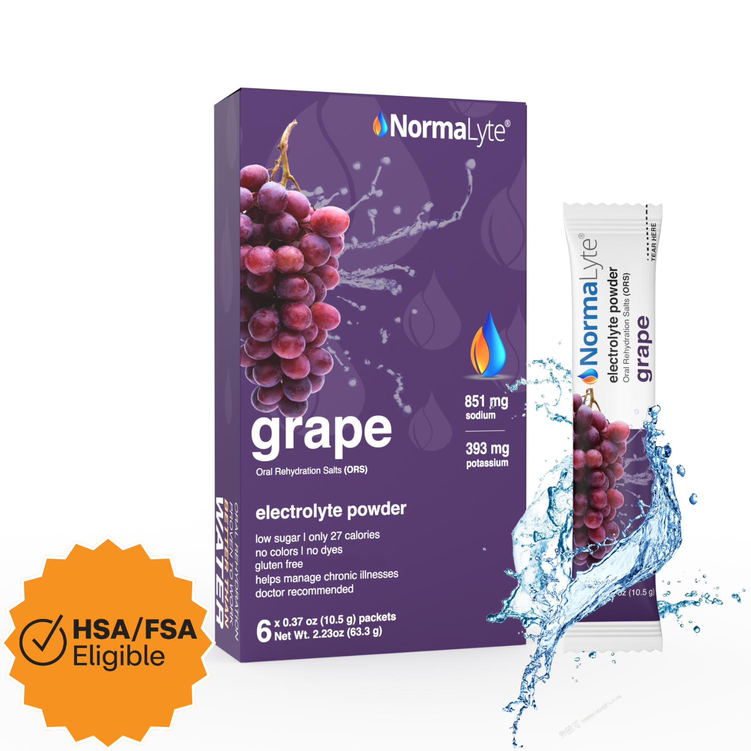 A box and single stick pack of NormalLyte Grape electrolyte powder shown on a white background with a blue water splash graphic. The packaging is purple with grape imagery, and an orange HSA/FSA Eligible badge appears in the lower left.