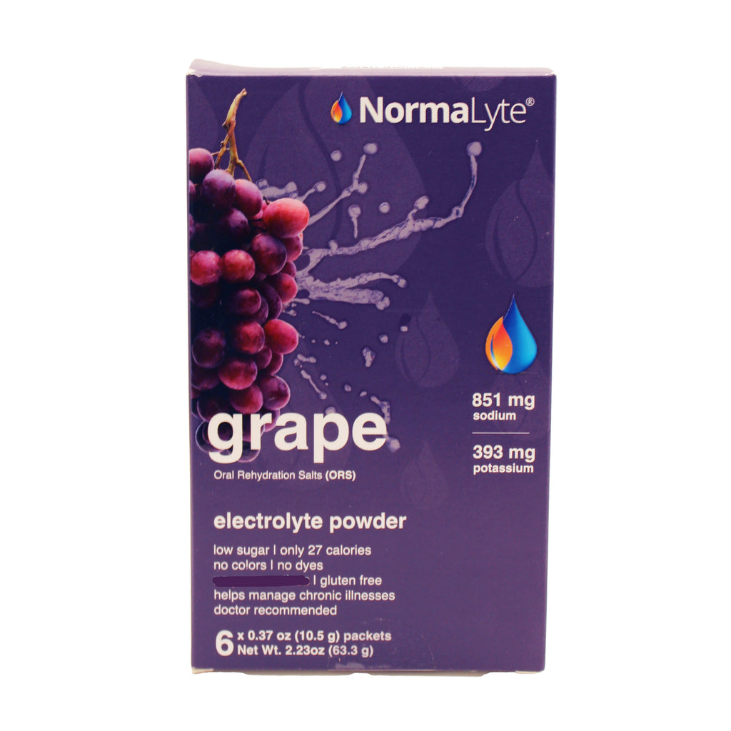 Straight-on front view of a purple 6-count box of NormaLyte grape flavored electrolyte powder, featuring a graphic of a red grape cluster and a dynamic water splash
