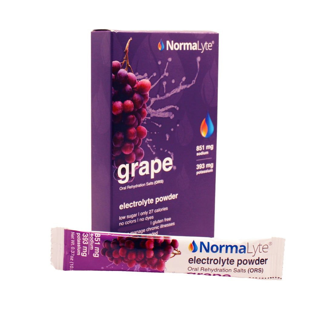 A purple 6-count box of NormaLyte grape flavored electrolyte powder standing upright behind a single individual grape stick packet