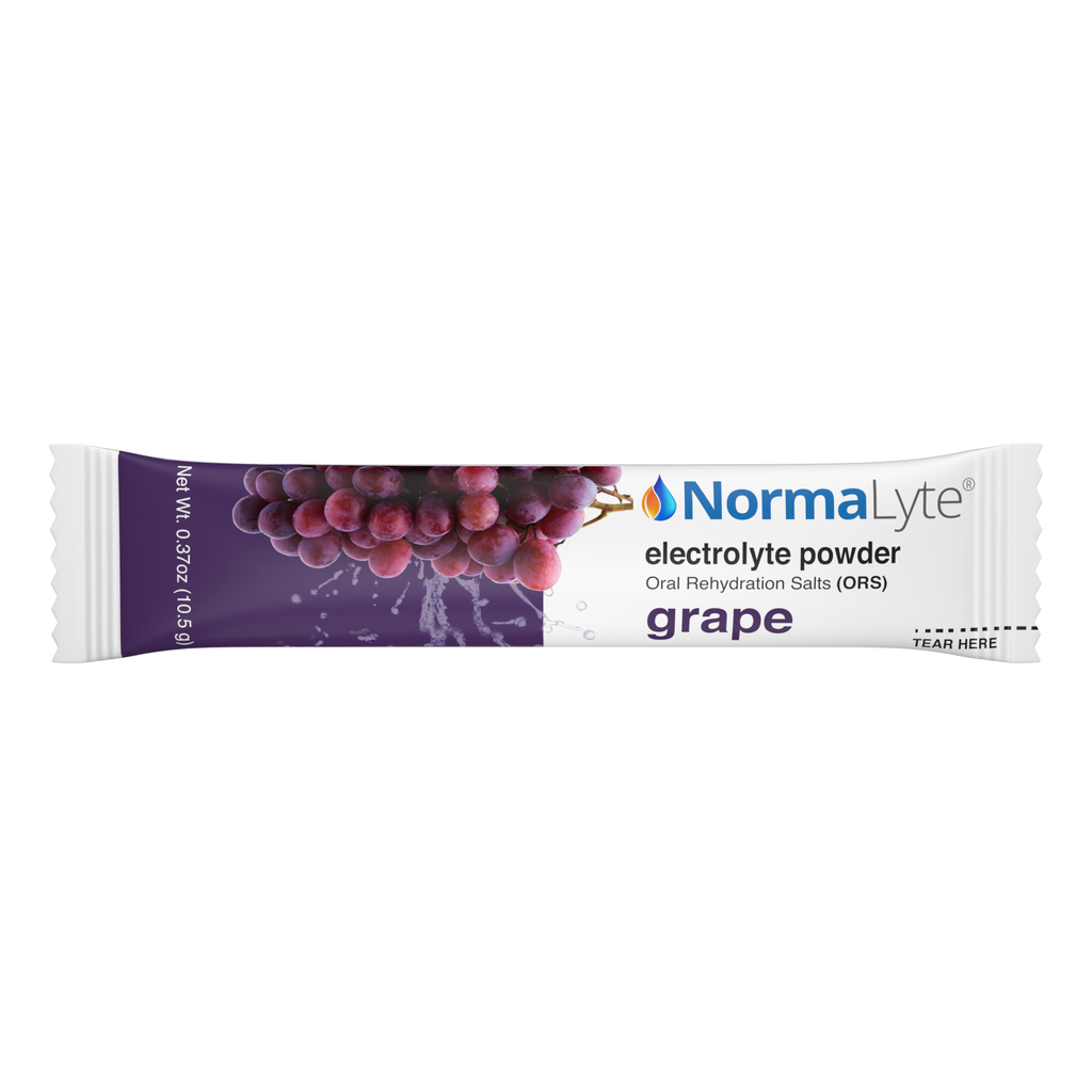 A single NormaLyte grape flavored electrolyte powder stick packet, featuring a graphic of red grapes and a water splash on a split purple and white background