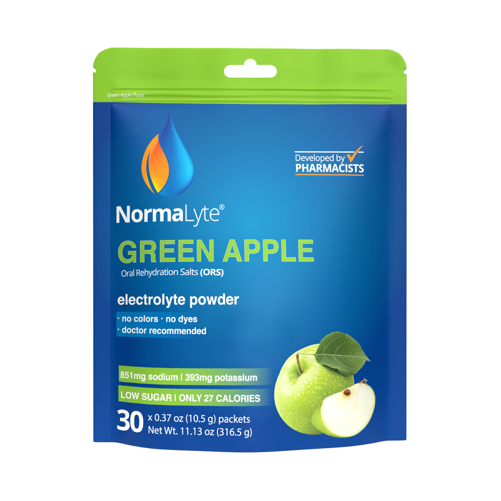 NormaLyte green apple oral rehydration salts electrolyte powder 30-packet bag on a clean white background.