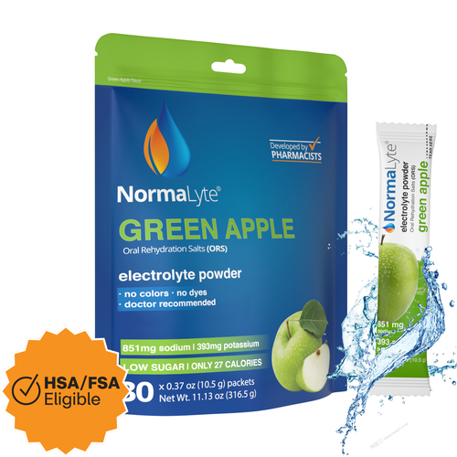 NormaLyte green apple oral rehydration salts electrolyte powder 30-pack pouch and stick with HSA FSA eligible badge.