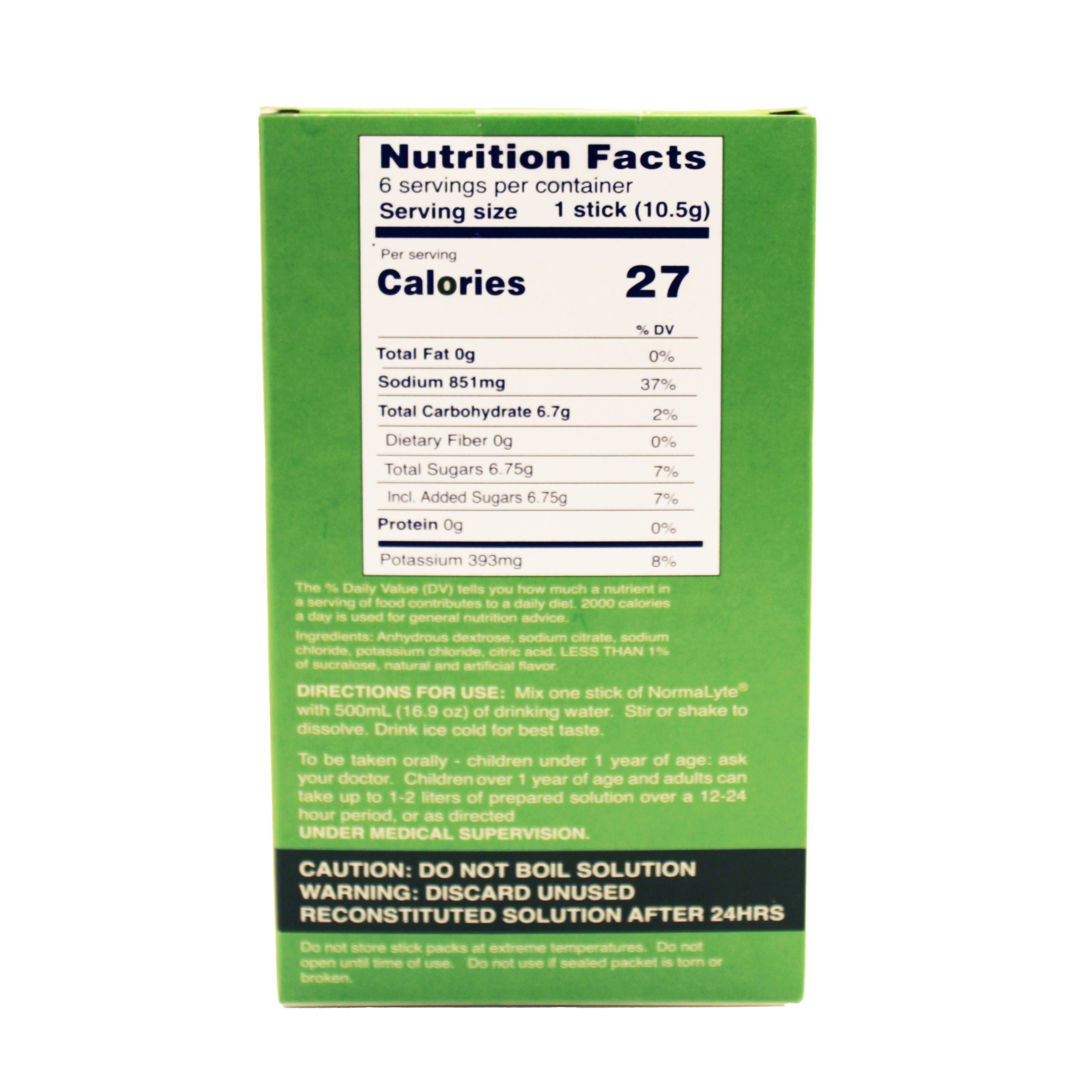 Straight-on back view of a green 6-count box of NormaLyte green apple flavored electrolyte powder, displaying the Nutrition Facts panel, ingredients list, and directions for use