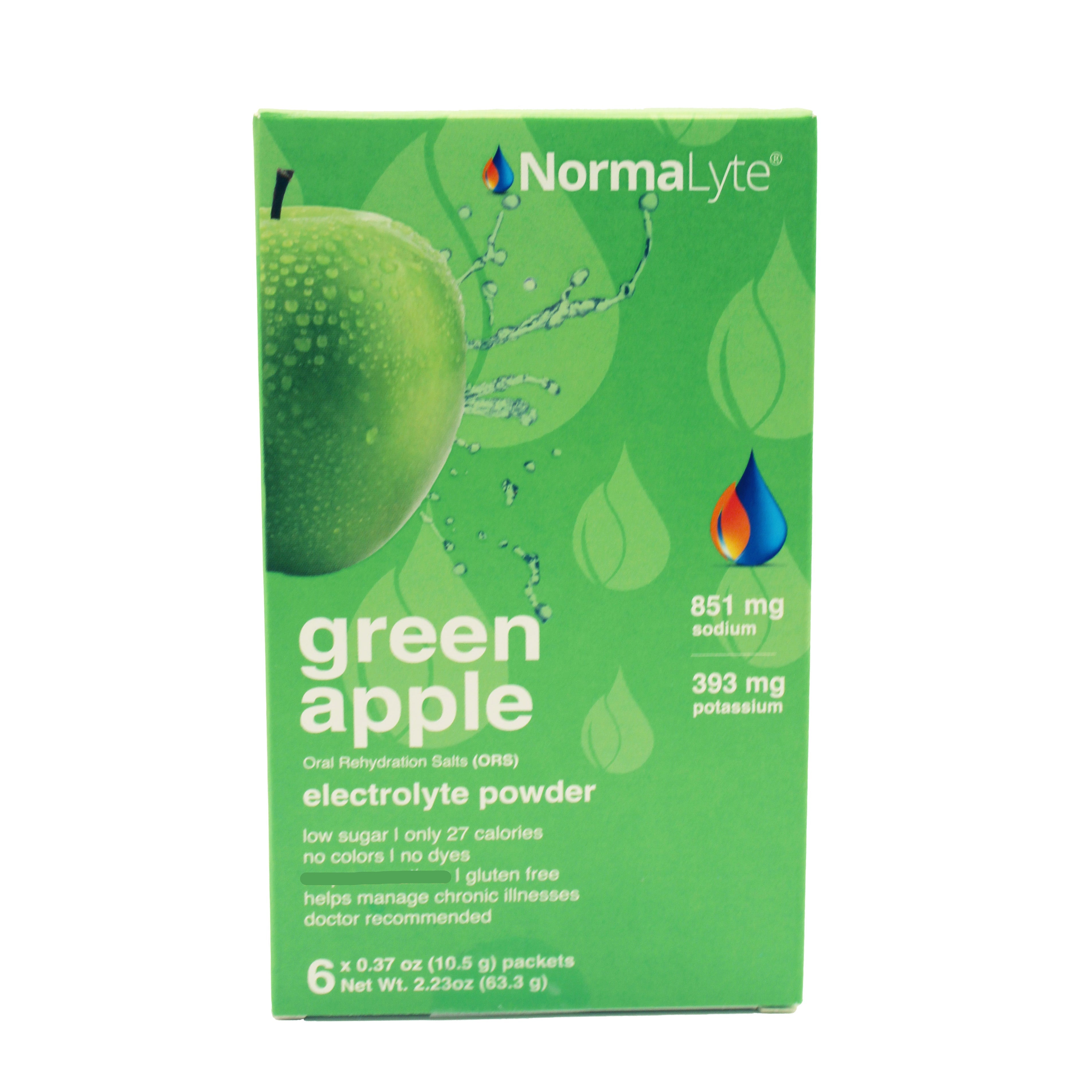 Straight-on front view of a green 6-count box of NormaLyte green apple flavored electrolyte powder, featuring a graphic of a wet green apple and a dynamic water splash