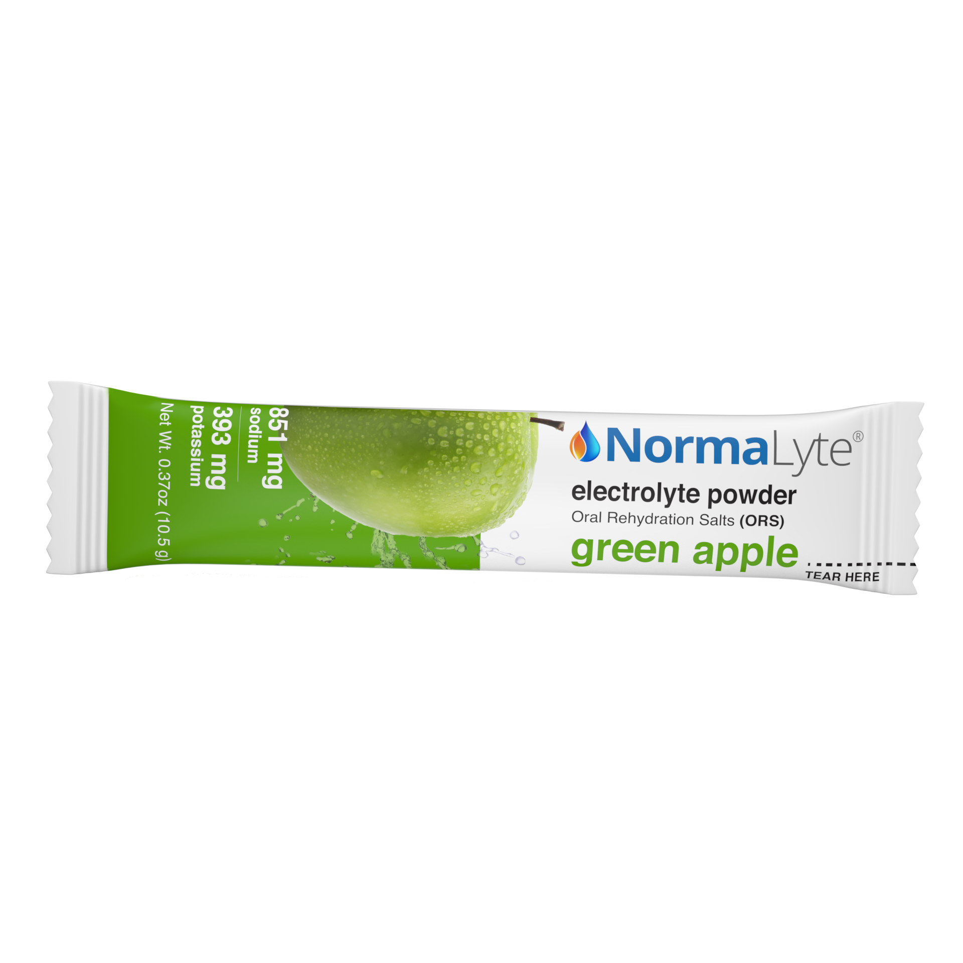 A single NormaLyte green apple flavored electrolyte powder stick packet, featuring a graphic of a wet green apple and a water splash on a split green and white background