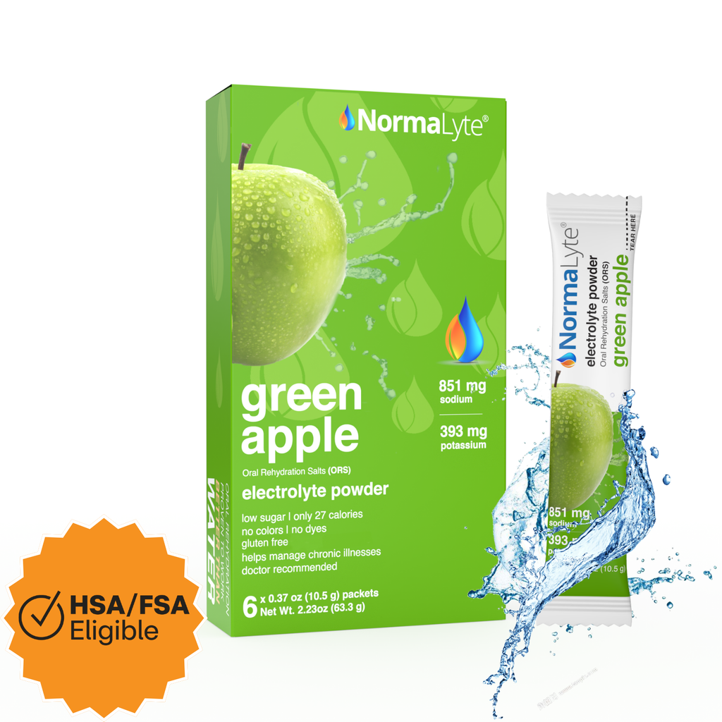 NormalLyte Green Apple electrolyte powder box and single stick packet shown on a white background with a water splash graphic and an orange HSA/FSA Eligible badge.