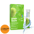 NormalLyte Green Apple electrolyte powder box and single stick packet shown on a white background with a water splash graphic and an orange HSA/FSA Eligible badge.