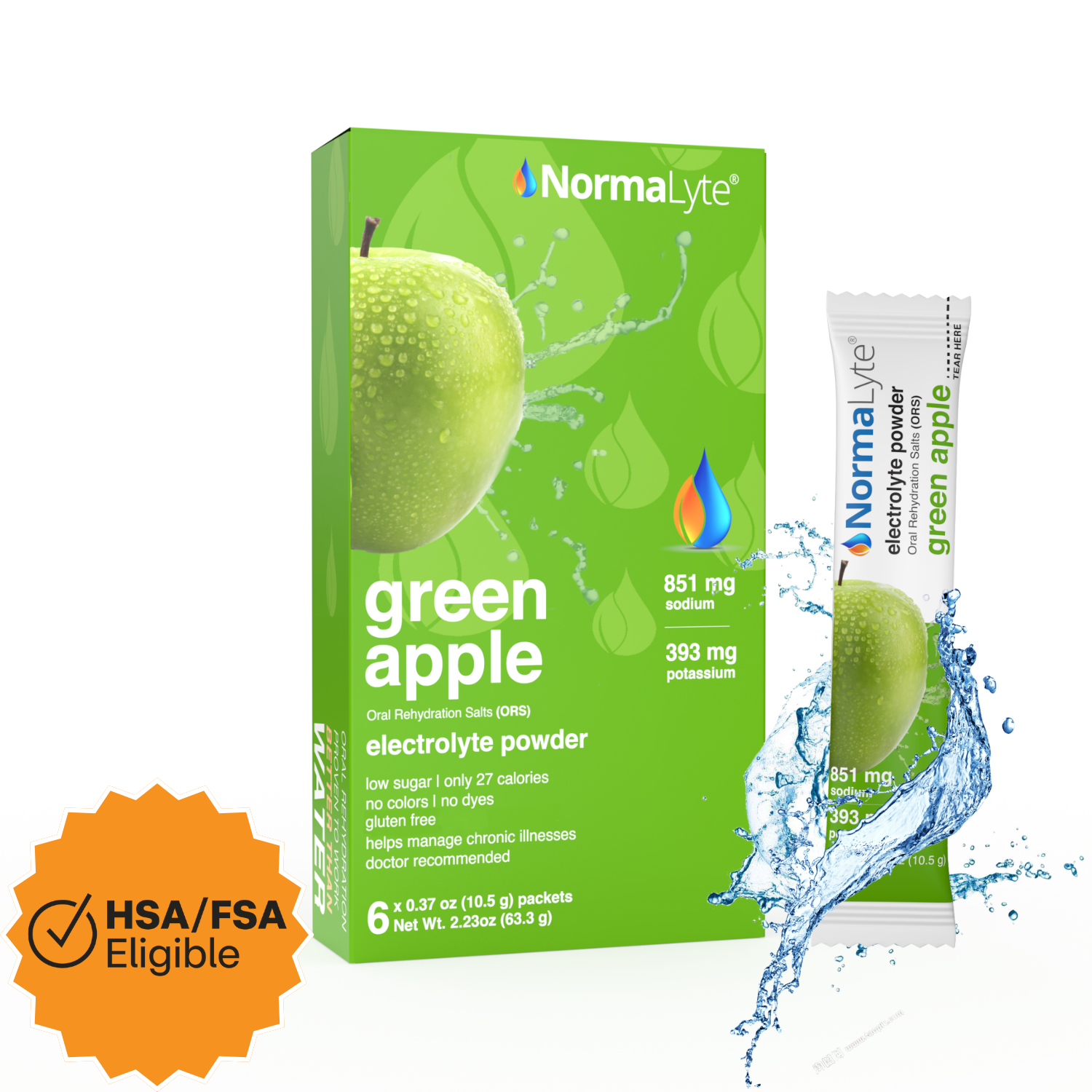 NormalLyte Green Apple electrolyte powder box and single stick packet shown on a white background with a water splash graphic and an orange HSA/FSA Eligible badge.
