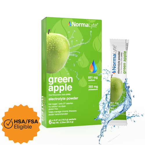 NormalLyte Green Apple electrolyte powder box and single stick packet shown on a white background with a water splash graphic and an orange HSA/FSA Eligible badge.