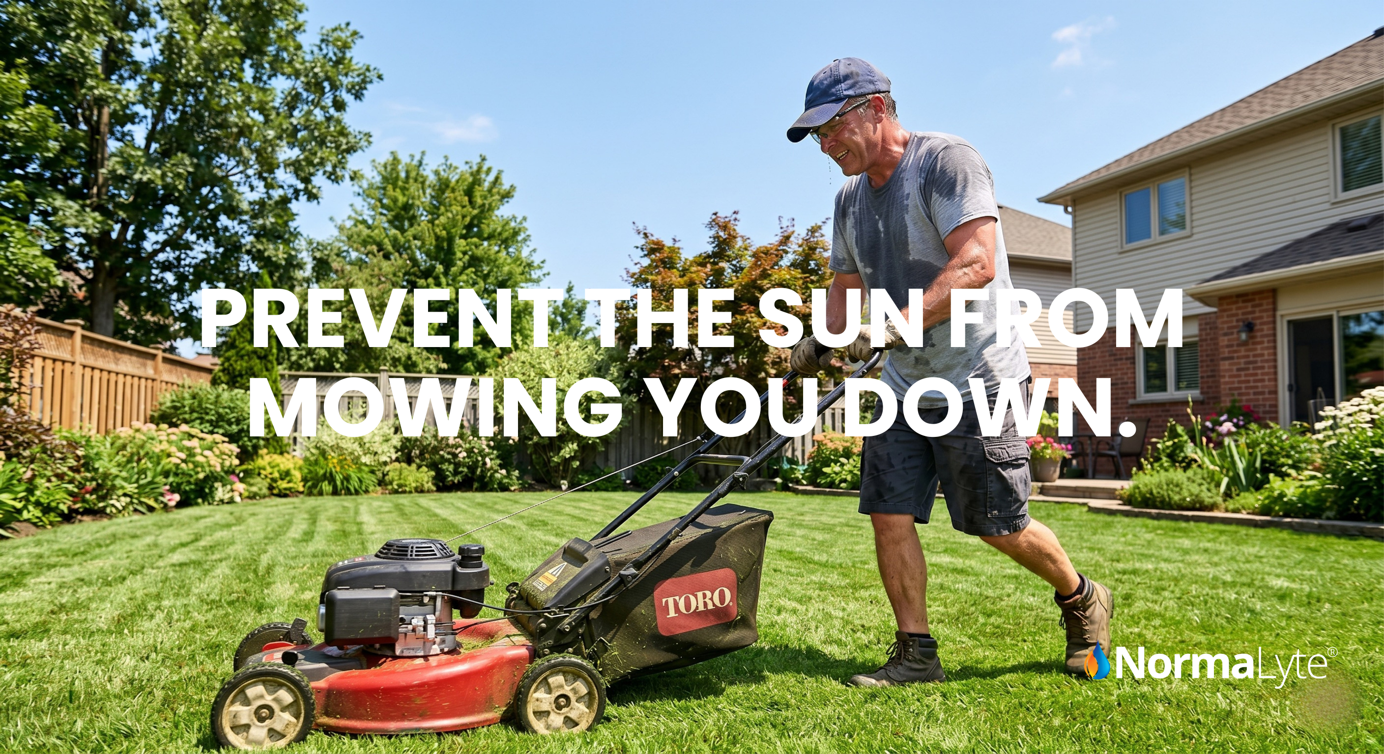 Man mowing a sunny green lawn with a Toro mower; text “PREVENT THE SUN FROM MOWING YOU DOWN.” hydration support