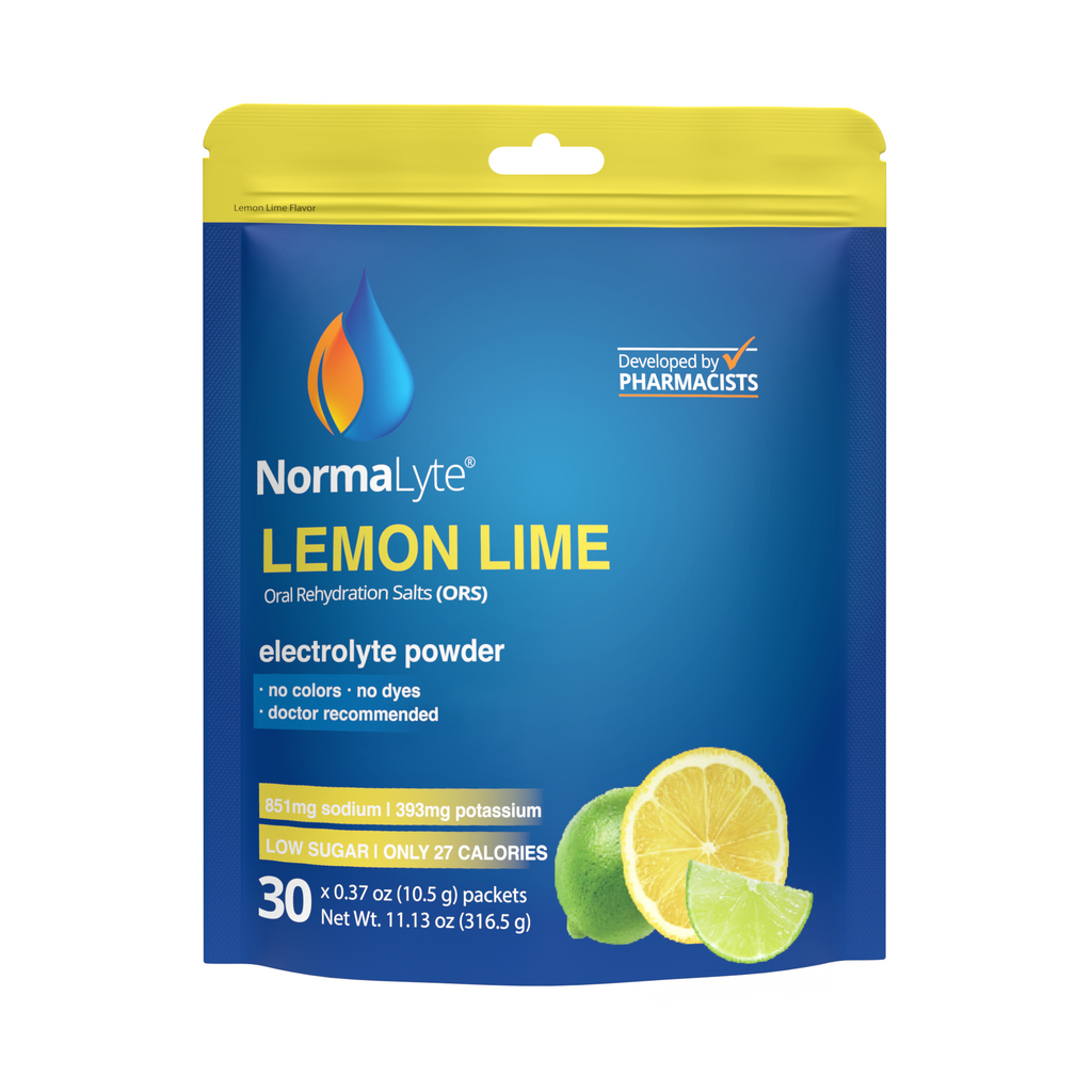 NormaLyte lemon lime oral rehydration salts electrolyte powder 30-packet bag on a clean white background.