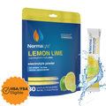 NormaLyte lemon lime oral rehydration salts electrolyte powder 30-pack pouch and stick with HSA FSA eligible badge.