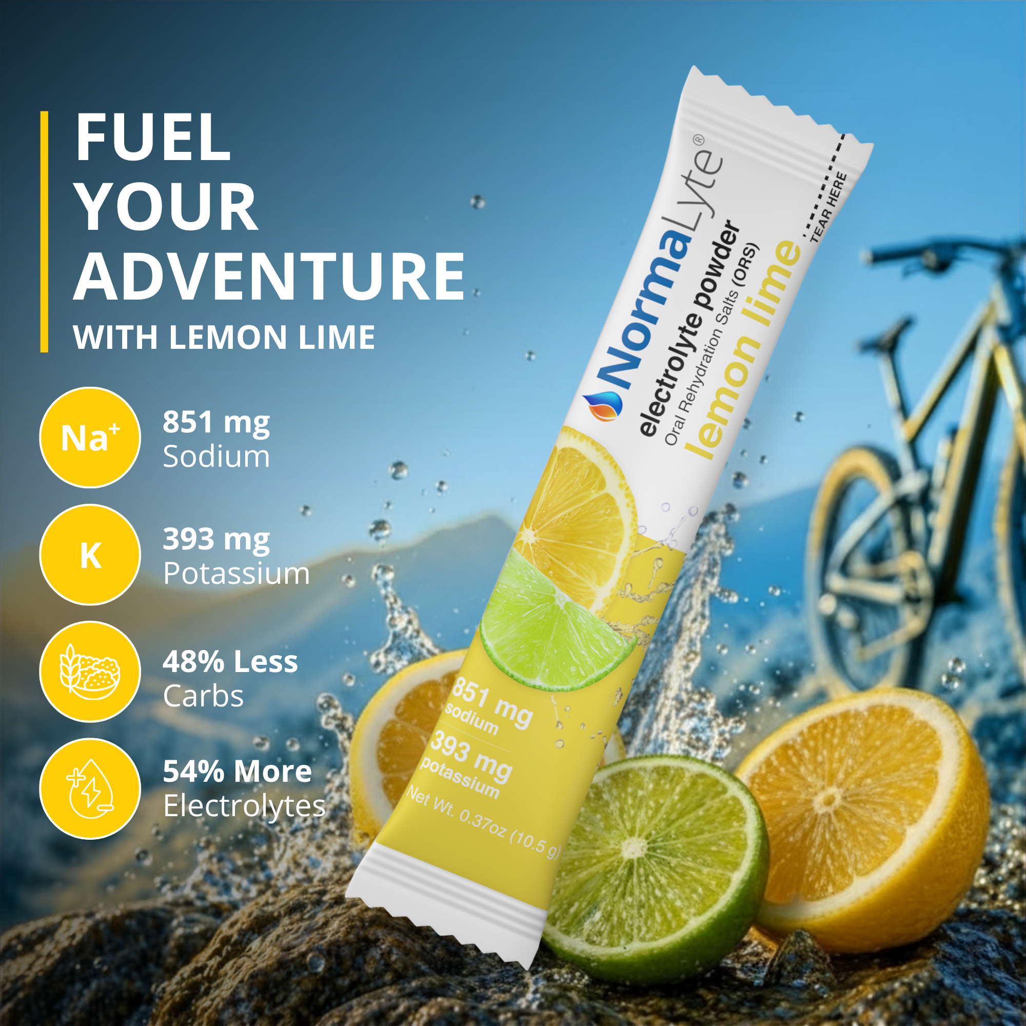 NormaLyte lemon lime electrolyte stick pack lifestyle infographic with sodium, potassium, and low carb stats.