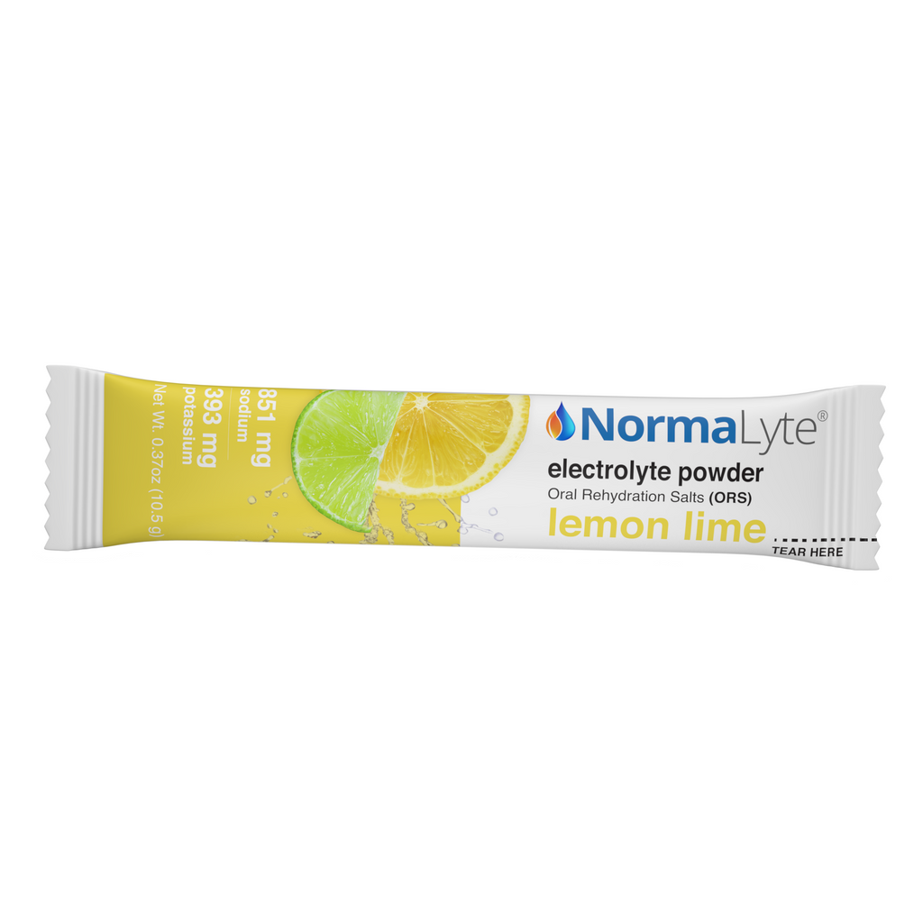 NormaLyte lemon lime oral rehydration salts single-serve electrolyte powder stick pack.