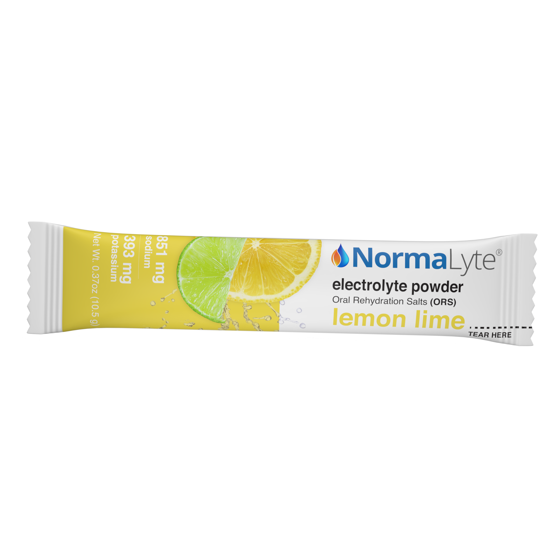 NormaLyte lemon lime oral rehydration salts single-serve electrolyte powder stick pack.