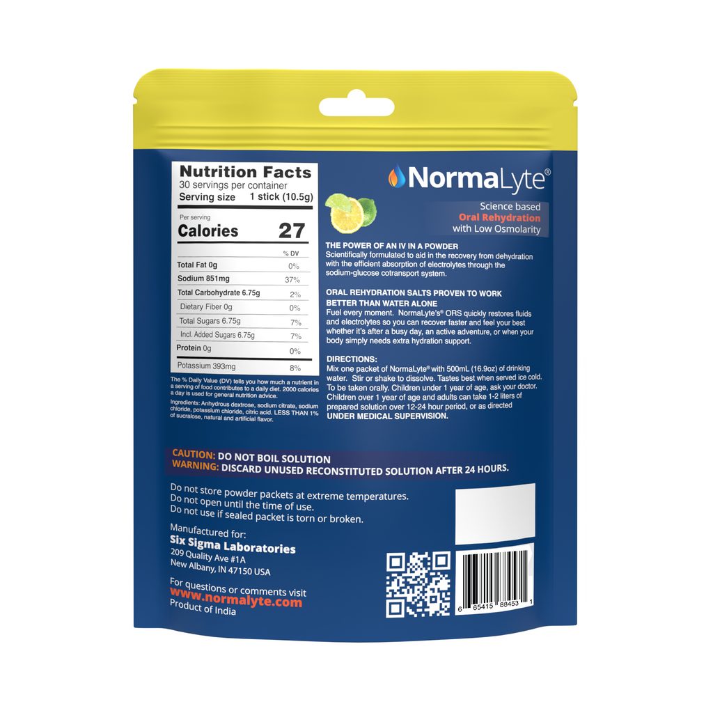 Back label of NormaLyte lemon lime pouch showing full nutrition facts, directions for use, and manufacturing details.