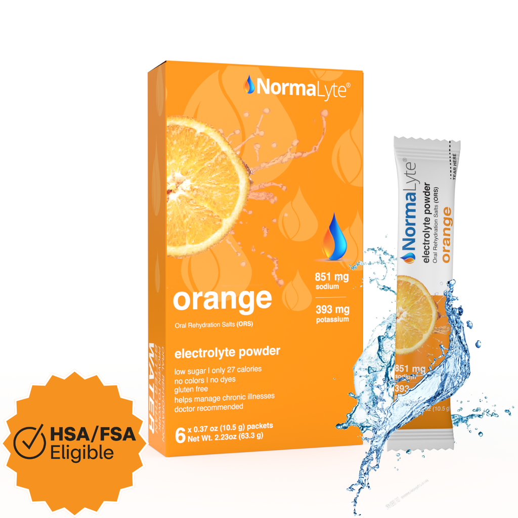 NormalLyte orange electrolyte powder box and single stick packet shown on a white background with a blue water splash graphic and an orange HSA/FSA Eligible badge.